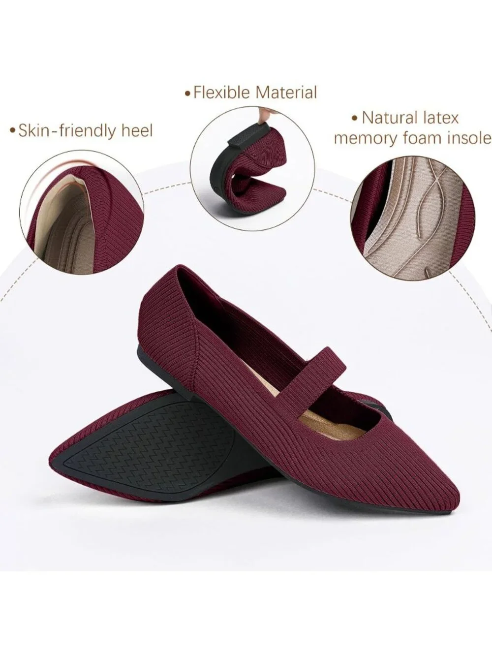 Women's Red Knit Mary Jane Flats Pointed Toe Pull On Comfortable Flats Shoes